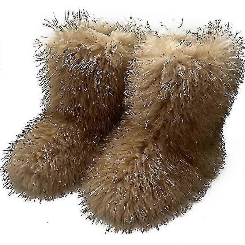Bottes en fausse fourrure pour les femmes Fuzzy Fluffy Furry Round Toe Suede Bottes d’hiver Chaussures plates - JA