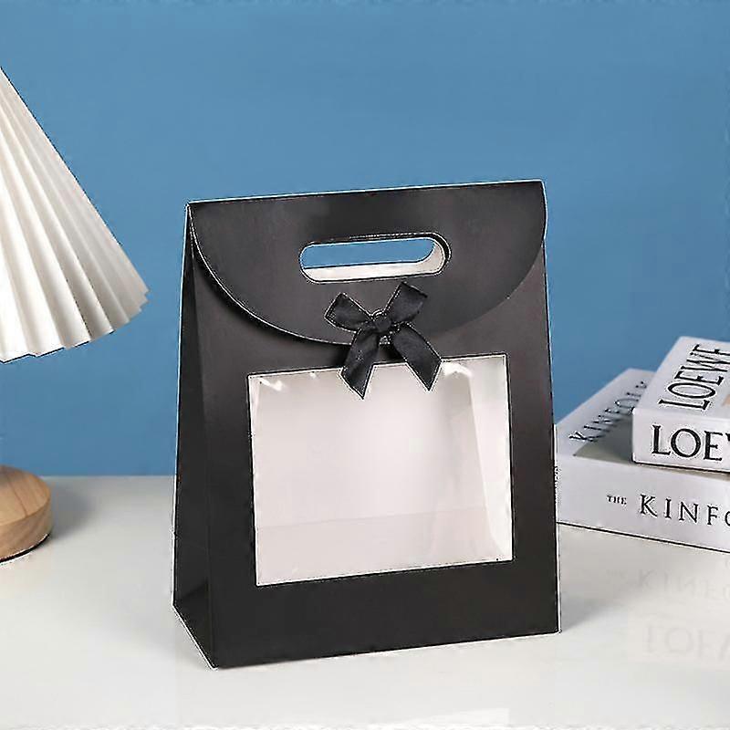 Strong Paper Stand Up Gift Bag, 26 Cm X 19 Cm X 9 Cm, Brown Kraft Bag With Clear Window And Bow - Pack Of 12