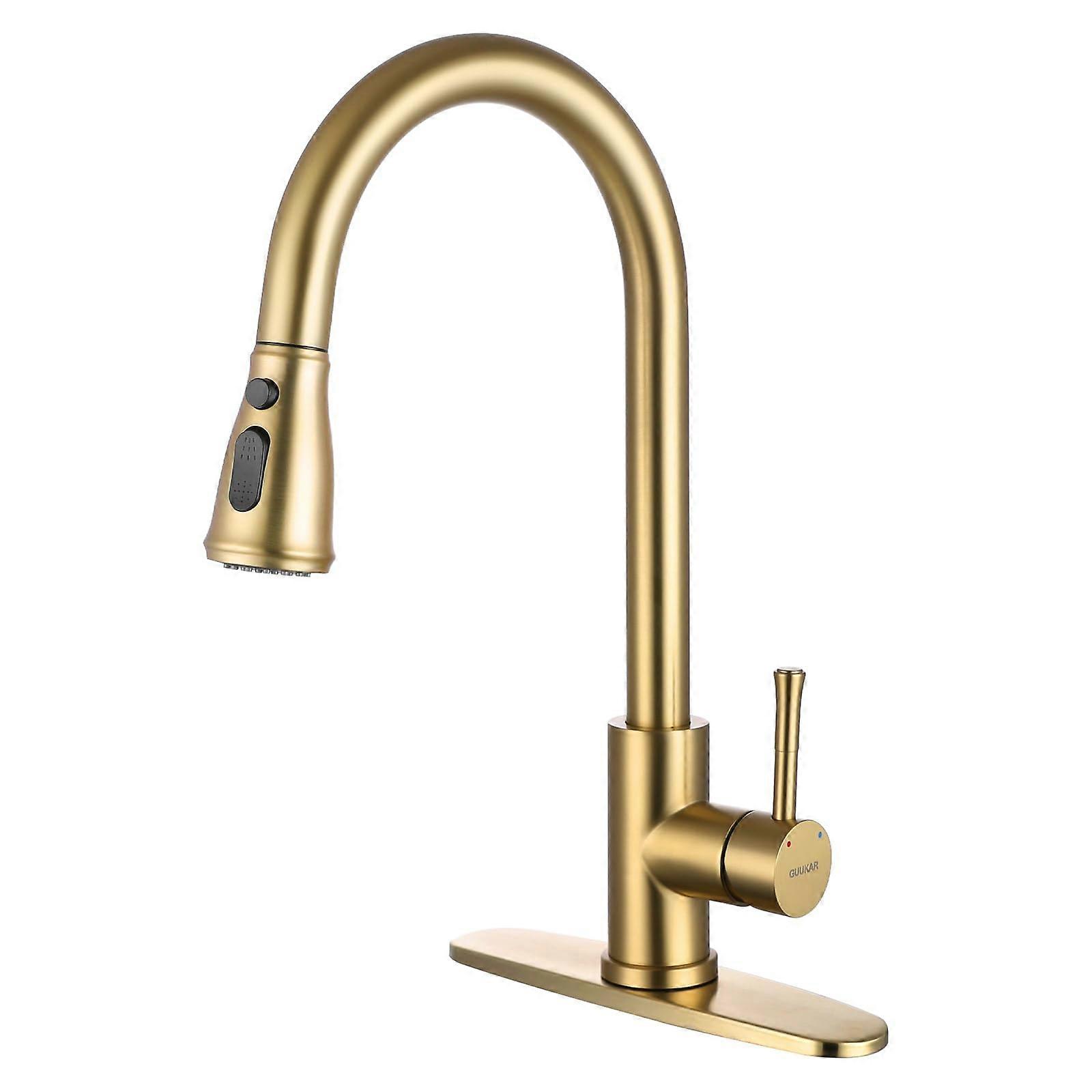 Gold Kitchen Faucet with Pull Down Sprayer, Modern Brushed Gold Single Handle Sink Faucet