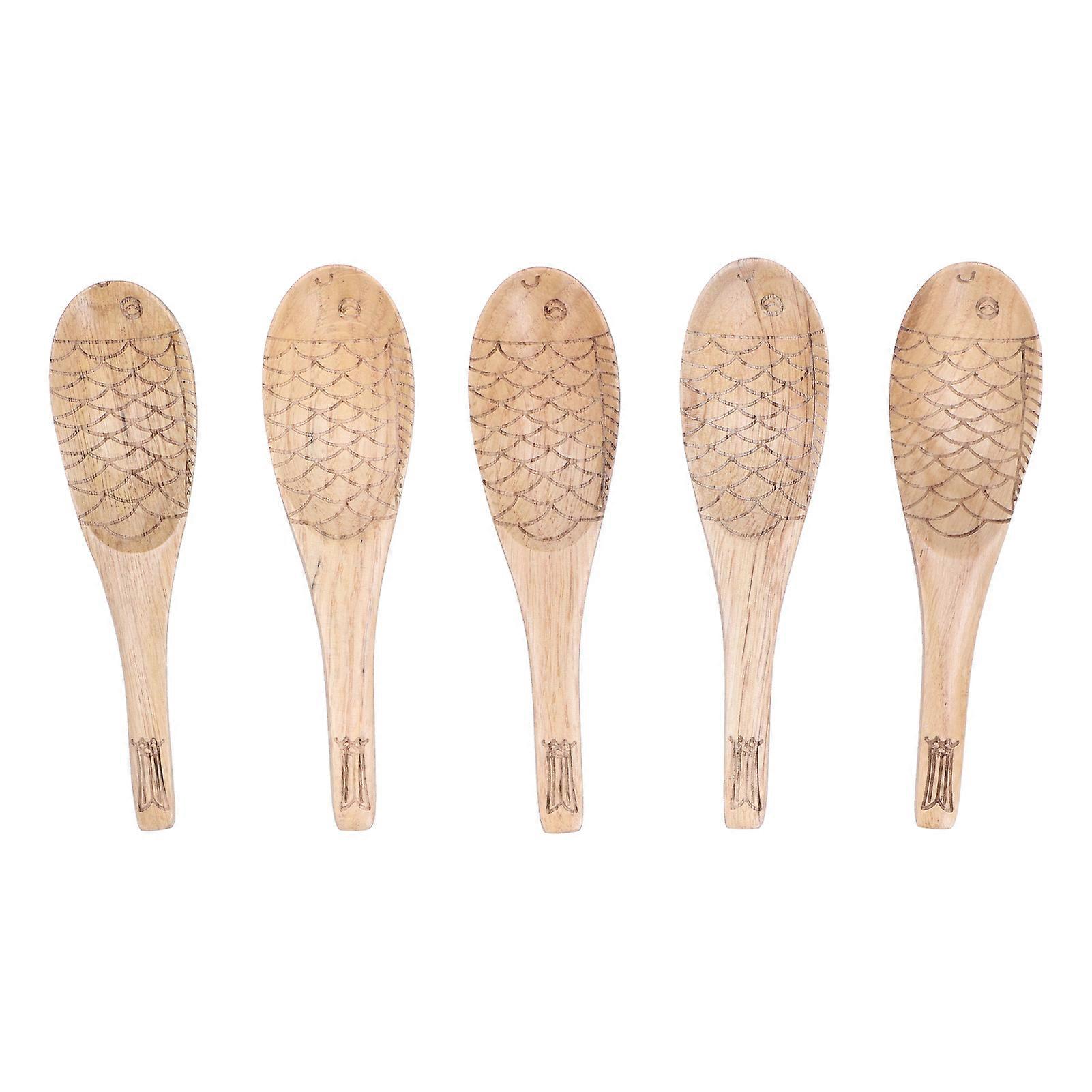 Fish-Shaped Rice Spoon And Soup Spoon Set Of 5; Carved Tableware
