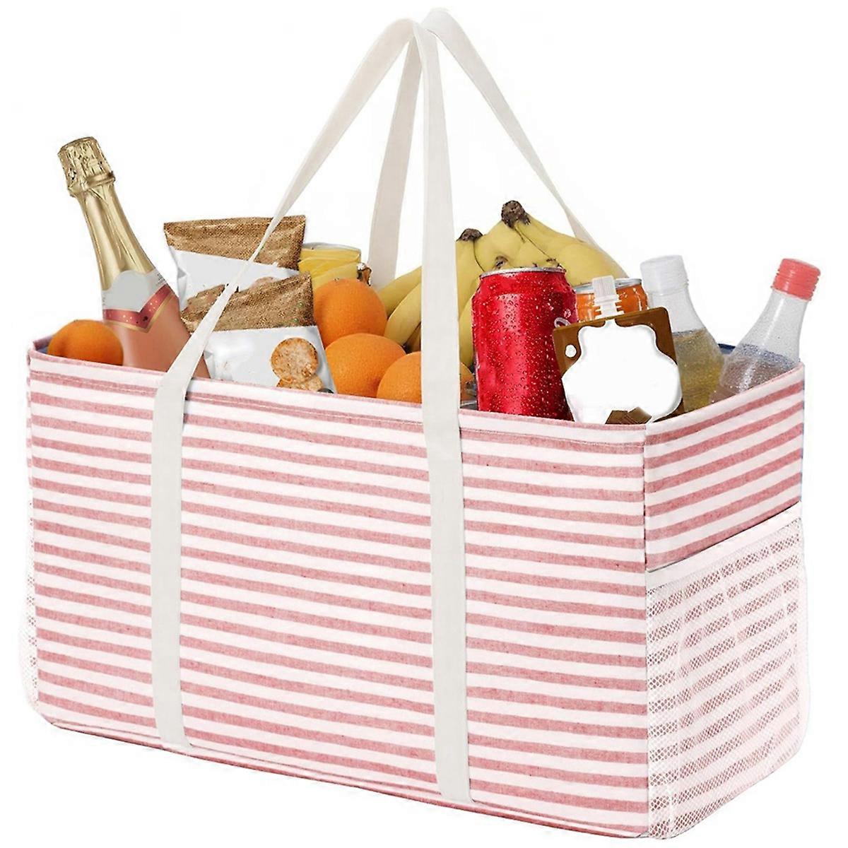 Extra Large Tote Bag, Reusable Grocery Bags with Metal Wire Frame and Handles, Standing Utility Shopping Bags Pink