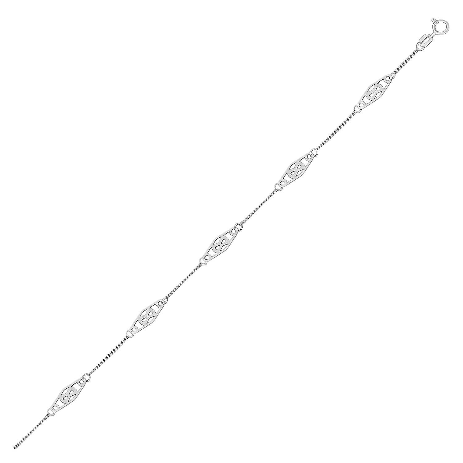 14k White Gold Anklet with Fancy Diamond Shape Filigree Stations