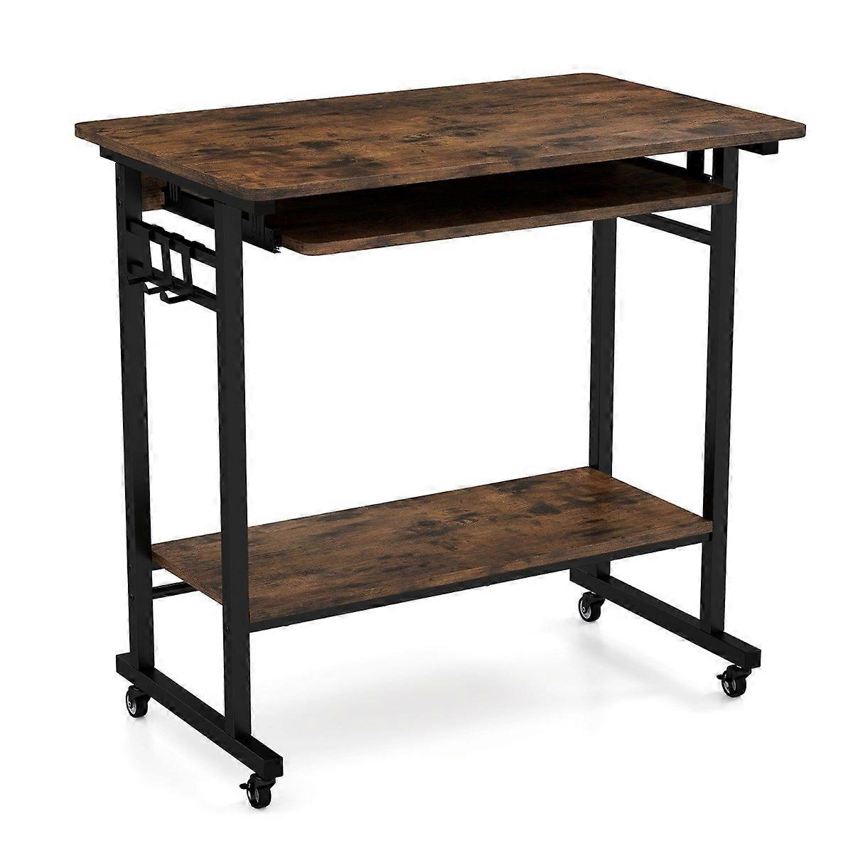 Desk with wheels & keyboard shelf & bottom shelf & hooks computer desk brown