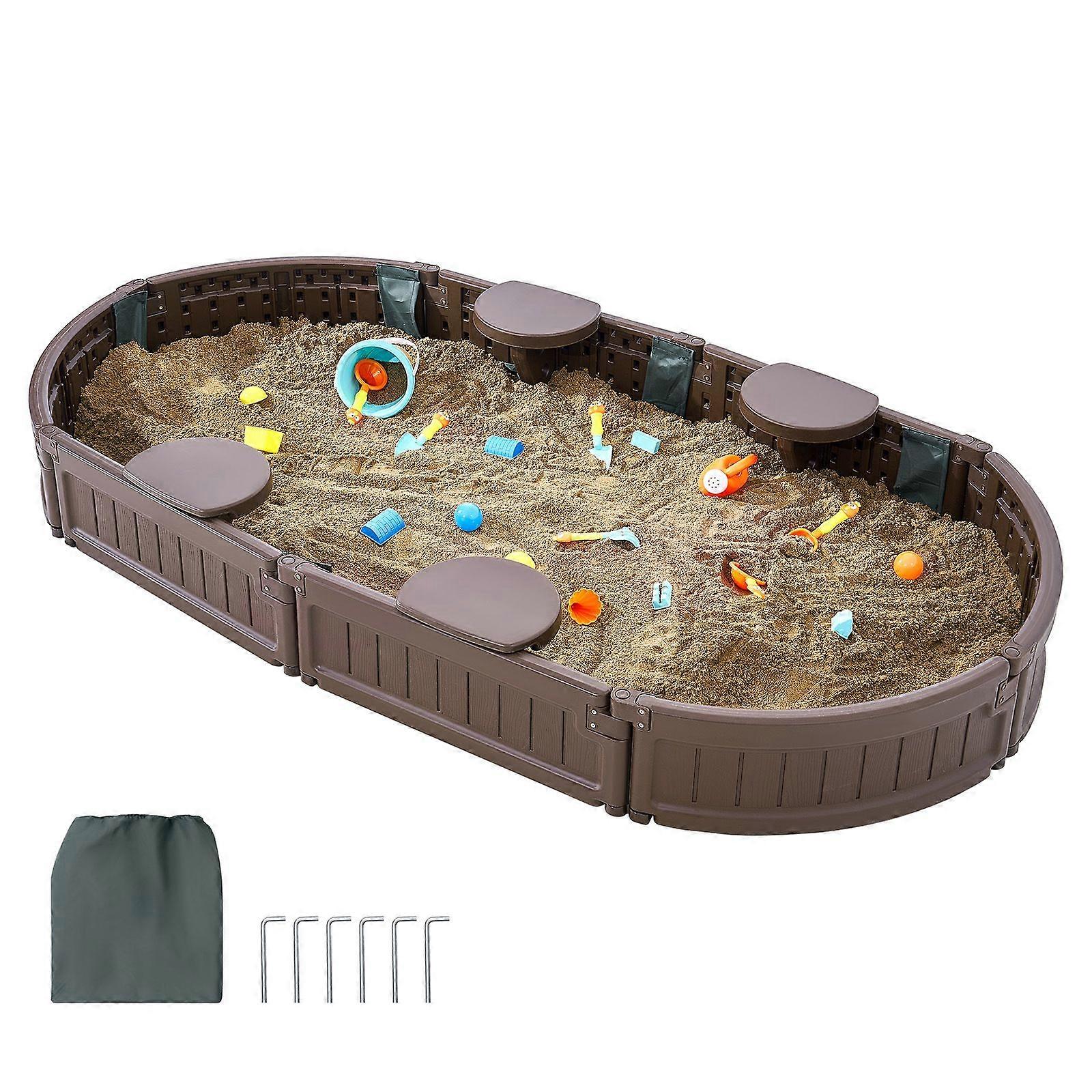 Sandbox with Cover, 72 x 41.5 x 9.1 in Oval Sand Box, with 4 Corner Seating and Bottom Liner,Gift for Boys Girls Ages 3-12, Brown
