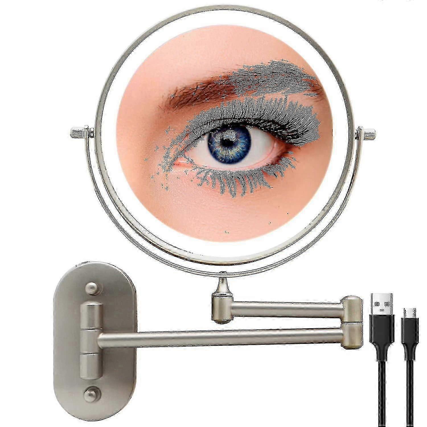 Rechargeable Lighted Makeup Mirror Wall Mount, Extendable Double Sided Vanity Mirror With 10x Magnification, 8 Inch Led Magnifying Mirror With 3 Color