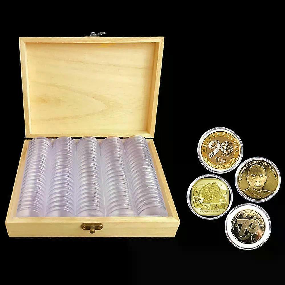 100PC 30mmRound Box Wood Coins Collection Box For Coins Storage Capsules Protection Boxes Container