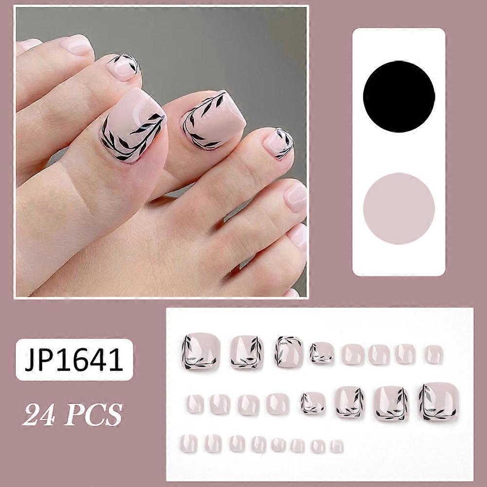 24pcs Pink Tree Leaf Design Summer ificial Toenails Short Acrylic False