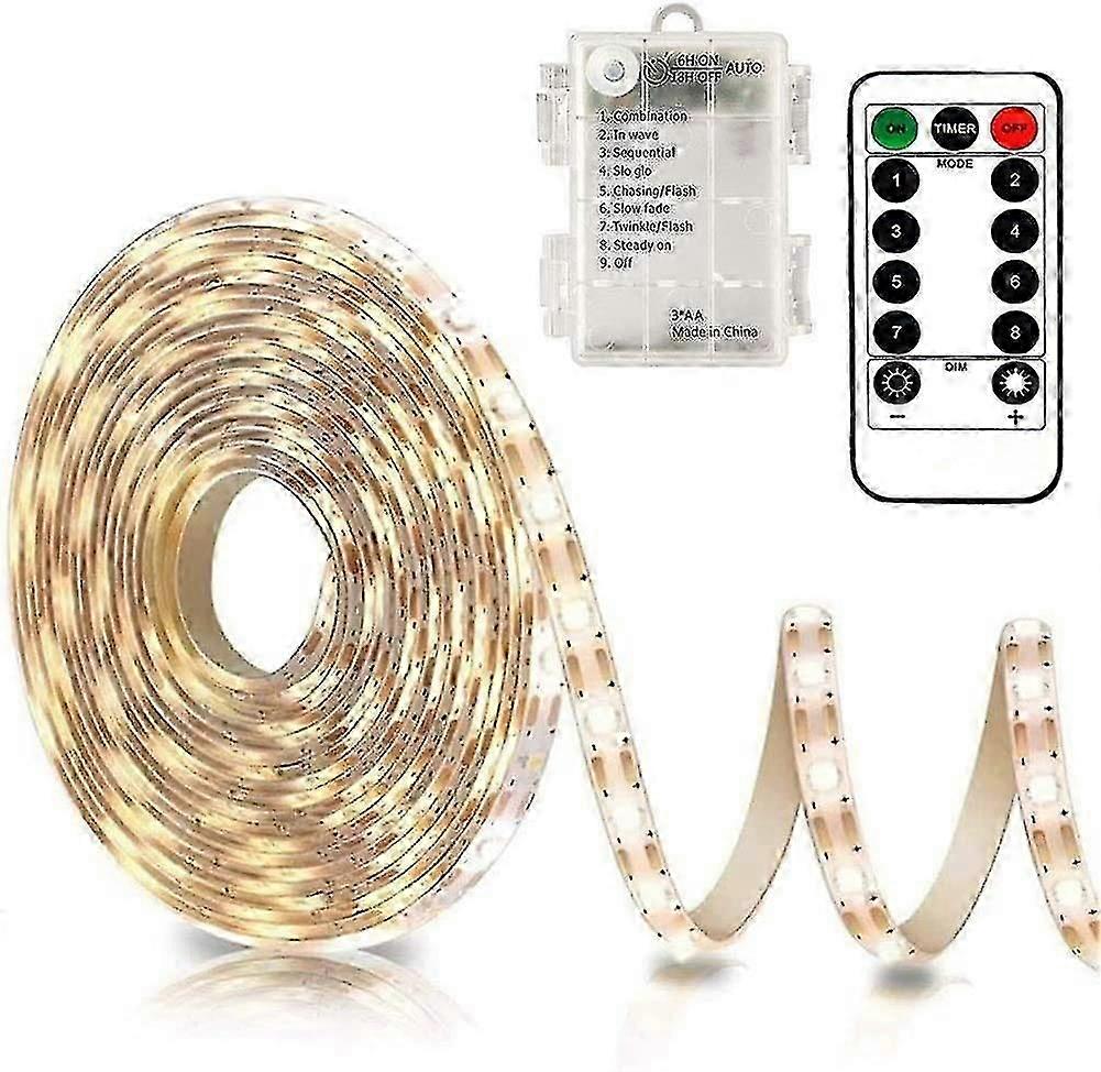 3m Battery LED Strip Lights with Remote Control, 90 LED Lights Strip Waterproof, 8 Modes, Dimmable, Timer, Self-Adhesive, Cuttable(Warm White)-Good