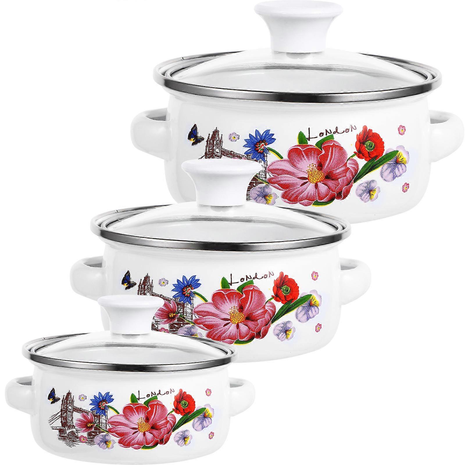 Enamel Pot Set With Lid Boiling Milk Home Cooks Electric Stove Use 20.50X16.00X12.00cm 3Pcs