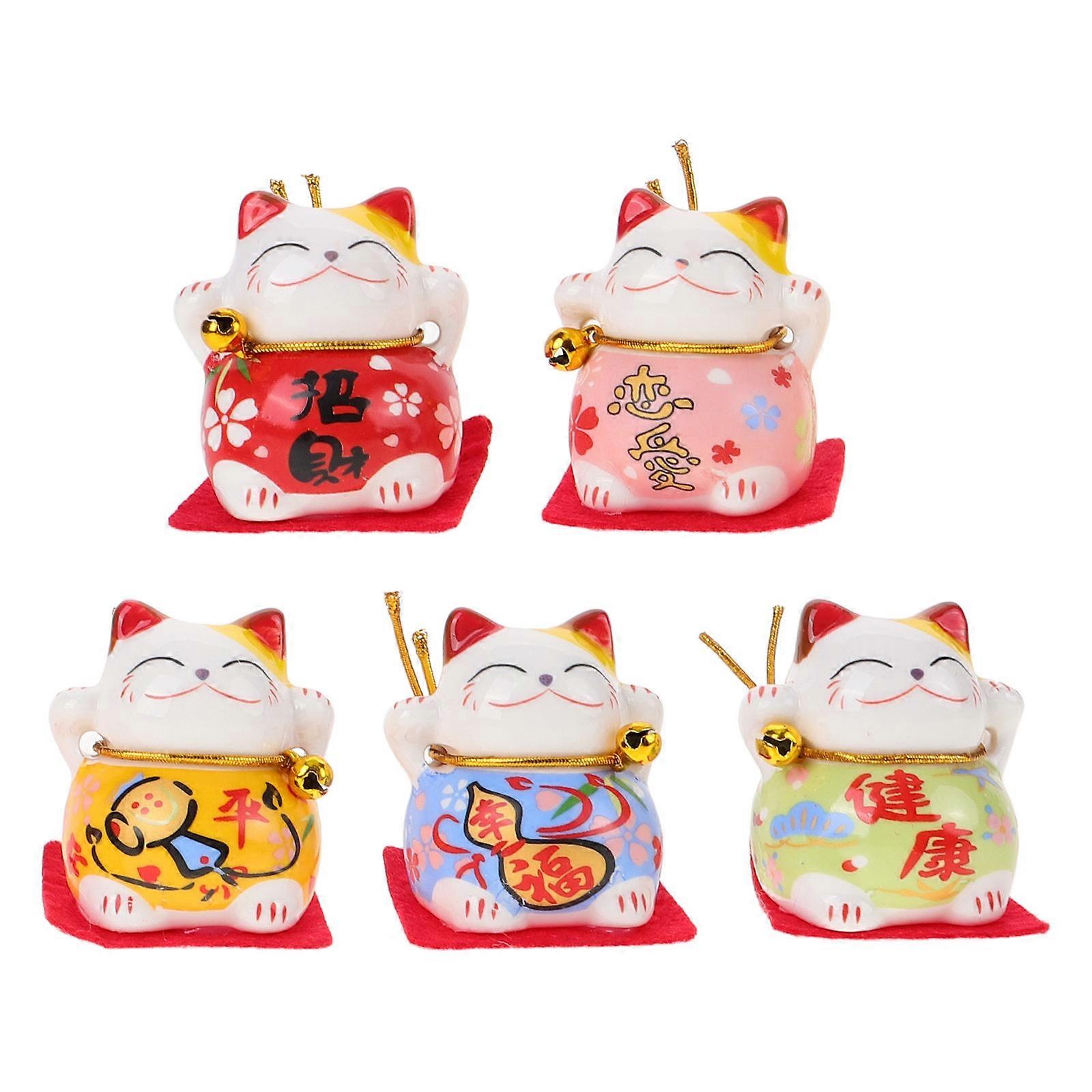 5pcs Mini Ceramic Cat Figurines Lucky Fortune Statues Decorative Desktop Accessories Lightweight Delicate Craft for Small Space Display Cheerful