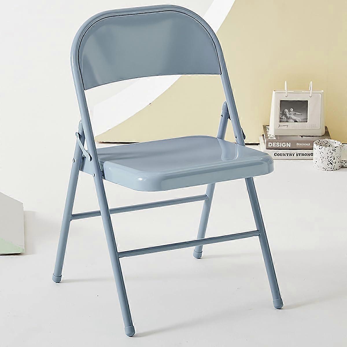 Blue folding chairs with backrest, portable steel frame, stackable seating for events, office, wedding, party.