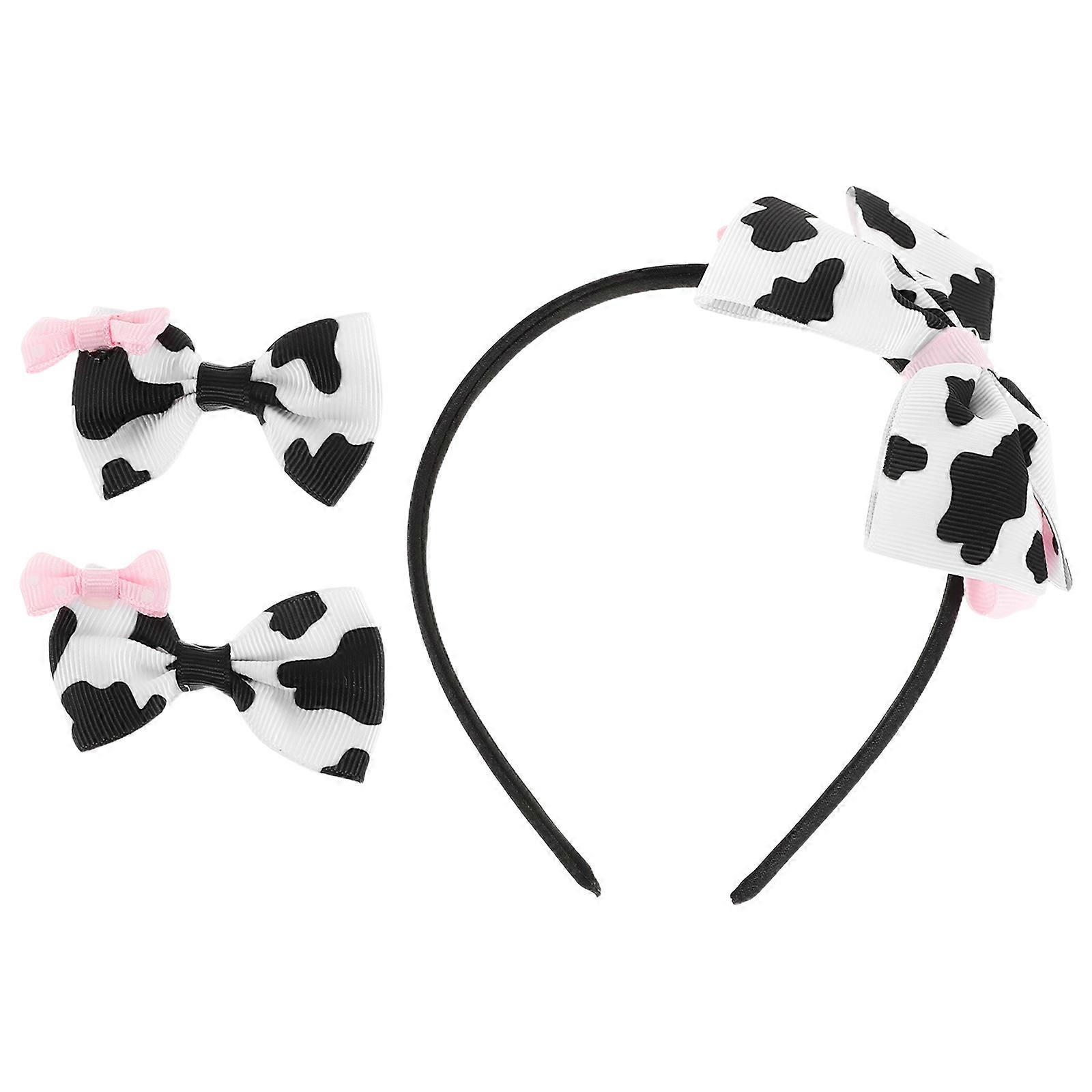Cute Cow Pattern Hair Accessories Set With Lightweight Bow Clips And Headband Designed For Kids Daily Wear And Photoshoot Activities 1 Set