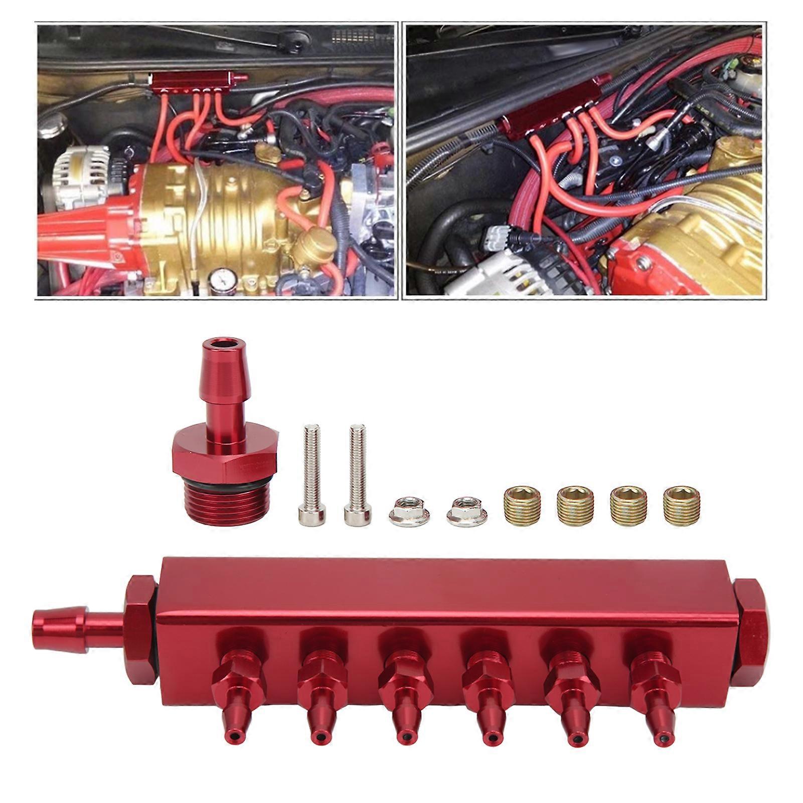 6 Port Vacuum Block Intake Manifold Kit 1/8in NPT Connector 1/2in NPT Inlet Outlet Universal for Car Truck Turbos Red 