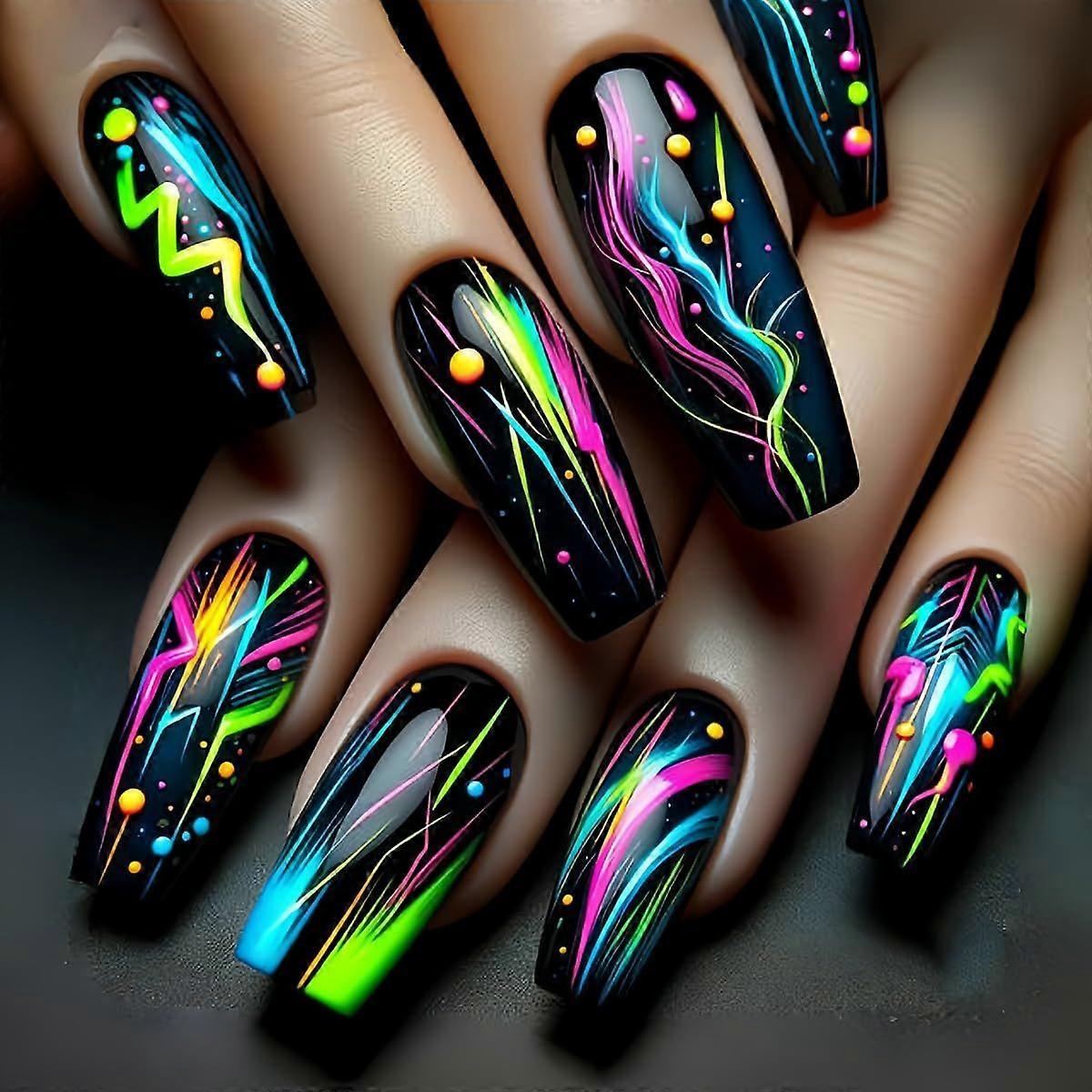 Black Press on Nails Medium Coffin Fake Nails with Colorful Lines Designs Glossy False Na