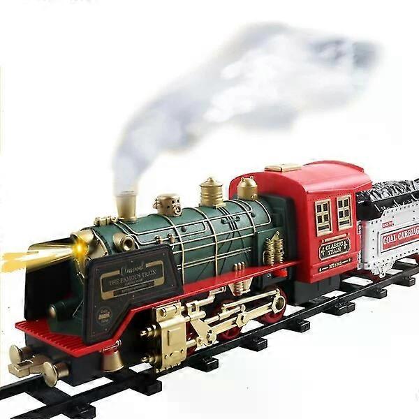 Electric train toy, including multiple carriages and tracks, rechargeable with sound, light and smoke