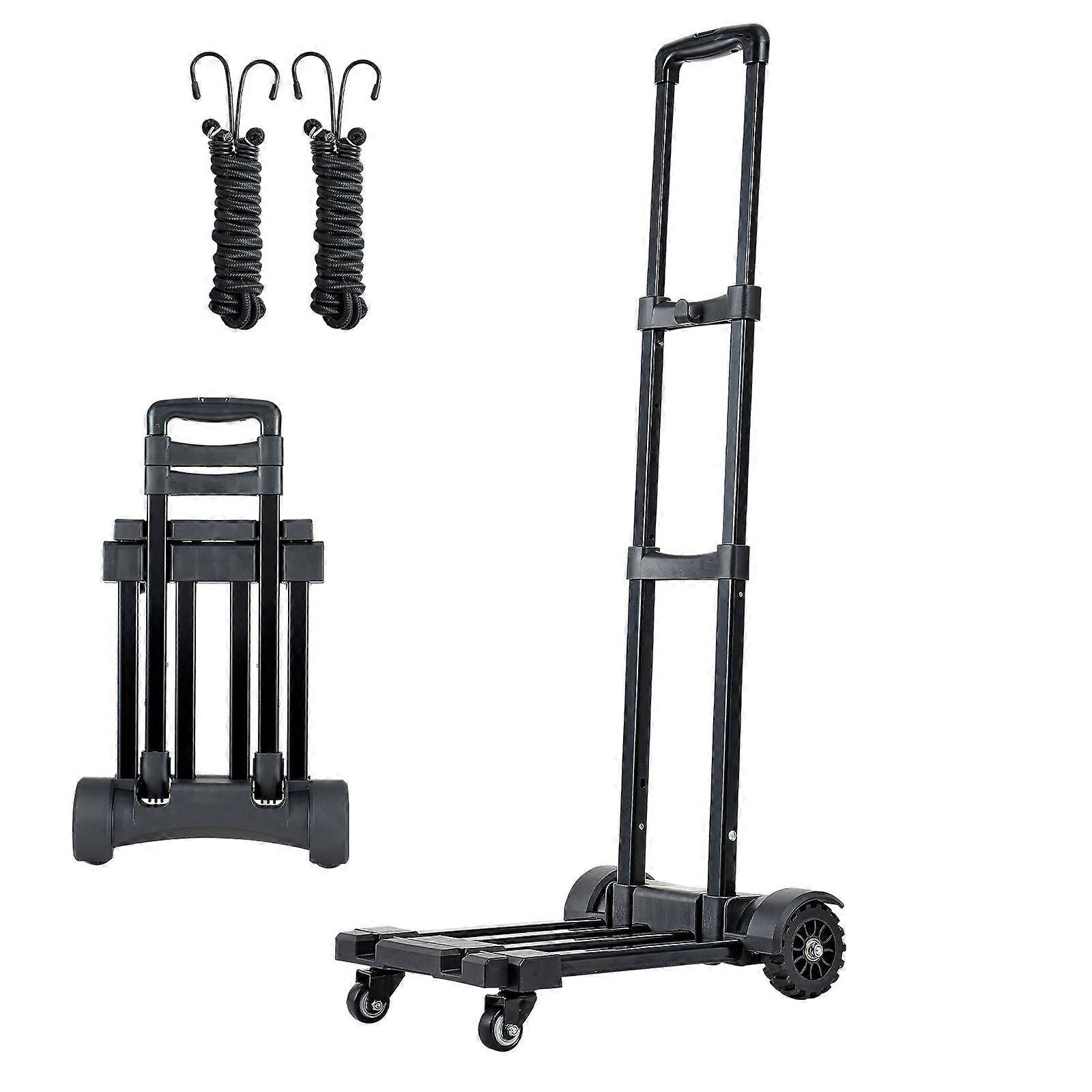 Folding Hand Truck, 131.5 kg Load Capacity, Collapsible Luggage Cart with 4 Wheels, 2 Elastic Ropes & Expandable Base, Black