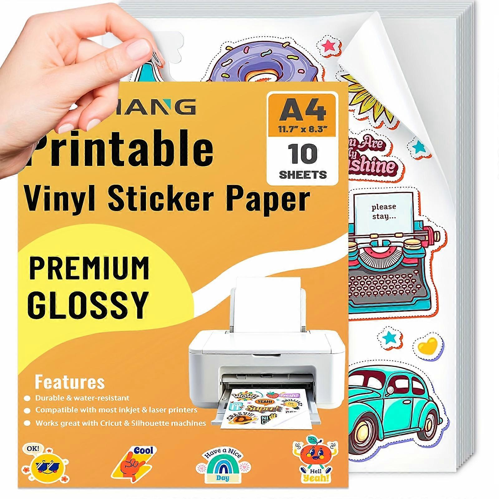 A4 Size 10 Sheets Printable Vinyl Sticker Paper for Inkjet Printer Glossy White Waterproof Decal Paper Self-Adhesive Sheets 8.3"x11.7"- Dries Quickly