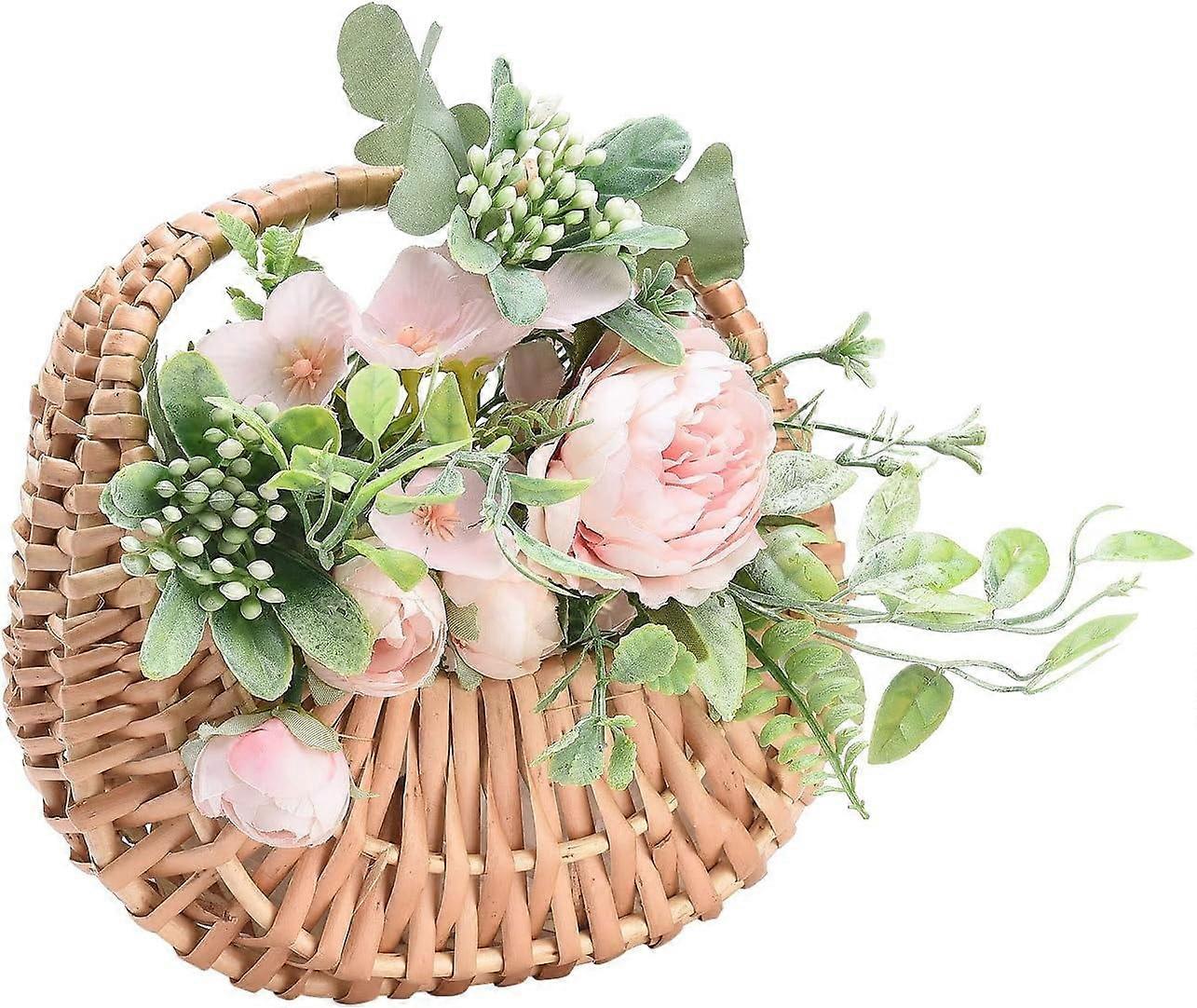 Half-moon Mini Straw Rattan Baskets, Hand-woven Flower Basket with Handle, Retro Storage Containers, Khaki