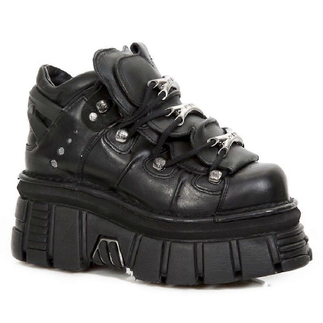 New Rock 106-S29 Tower Shoes Stivali da motociclista punk gotici in pelle nera metallizzata Nero EU 38