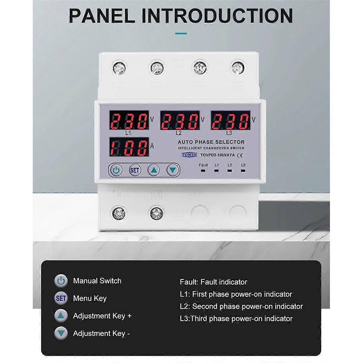 TOMZN 100A 3 Phase 3P+N Din Rail Phase Selector over and Under Voltage Current Protection Monitor Relays Protector