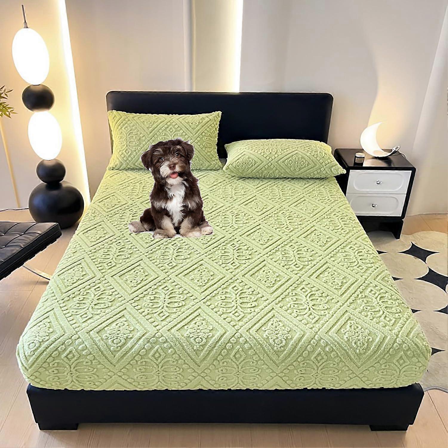 Fleece Fitted Sheet Soft Plush Bed Sheet Deep Pocket Velvet Bottom No Shedding Green 120 X 200 Cm Includes Pillowcases