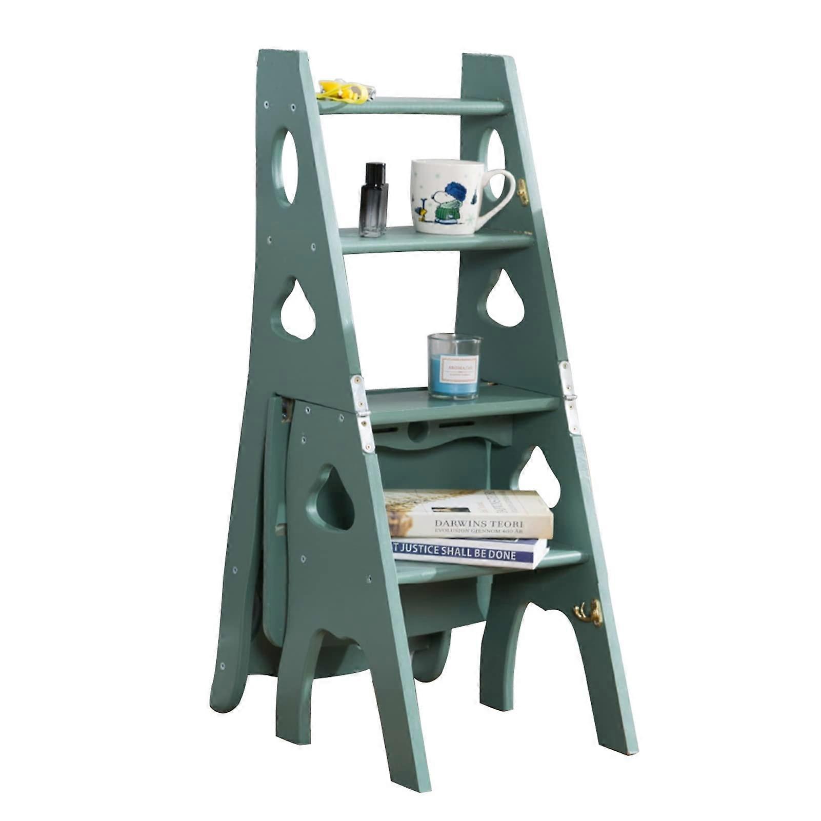 4 Steps Folding Wooden Ladder Chair Stool, Wooden Foldable Ladder Stool, Library Ladder Bookshelf Storage Display