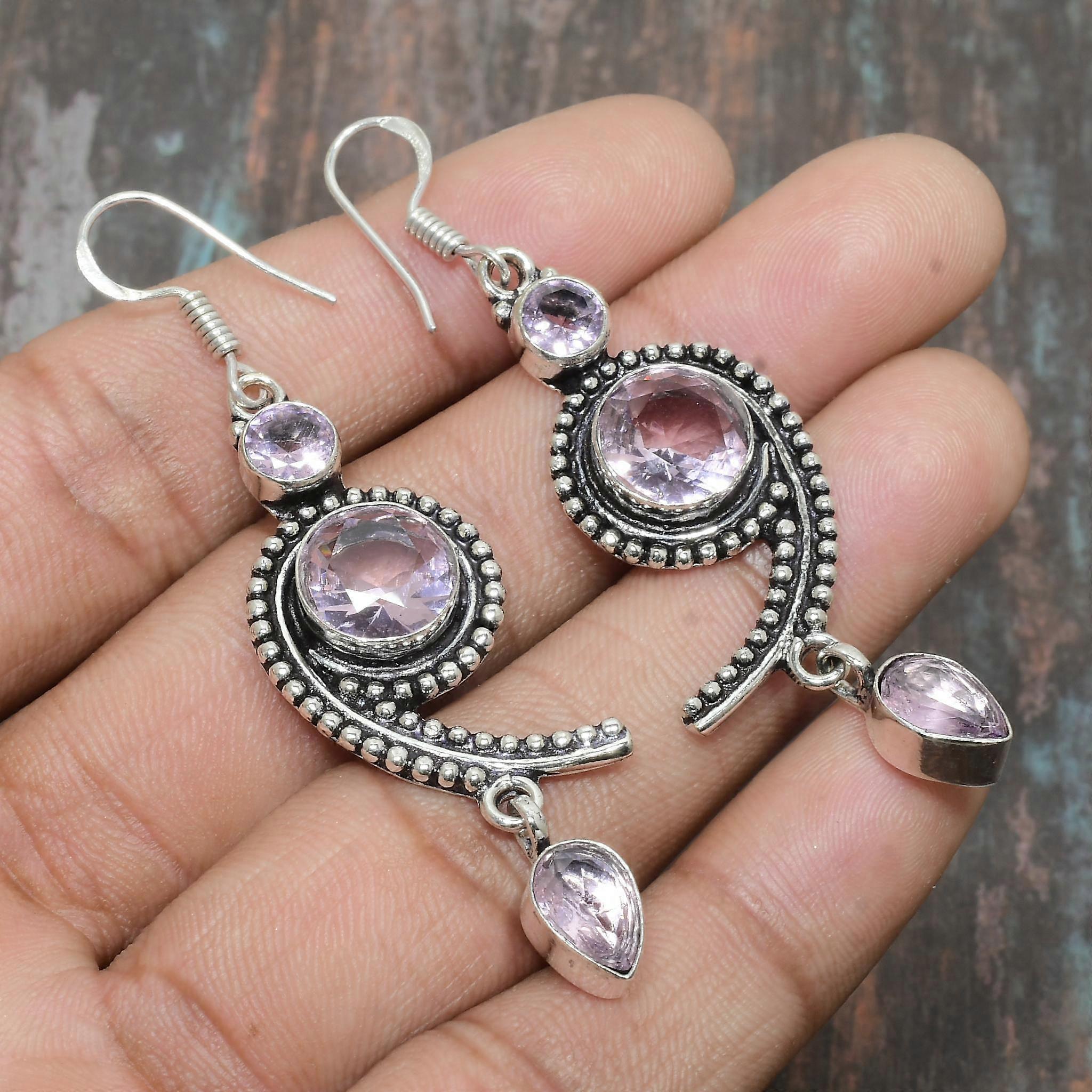 Orecchini in argento sterling 925 fatti a mano con pietra preziosa di kunzite rosa per il Ringraziamento