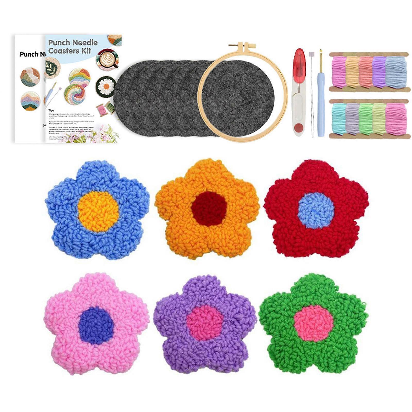 6 Pattern Punch Needle Coasters Making Set Includes Embroidery Hoop Soft Materials and Detailed Instructions Multicolor