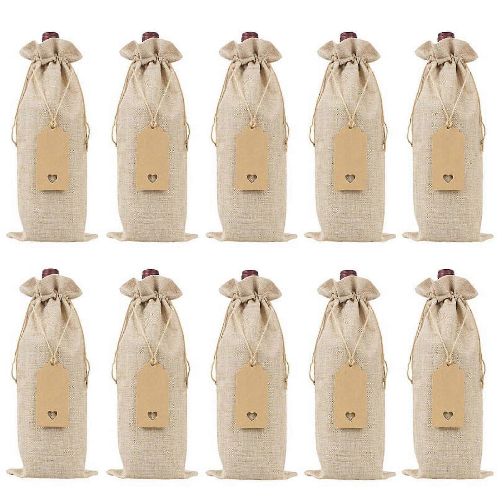 Burlap Wine Bags with Drawstrings,with Ropes and Tags (10 Pcs)