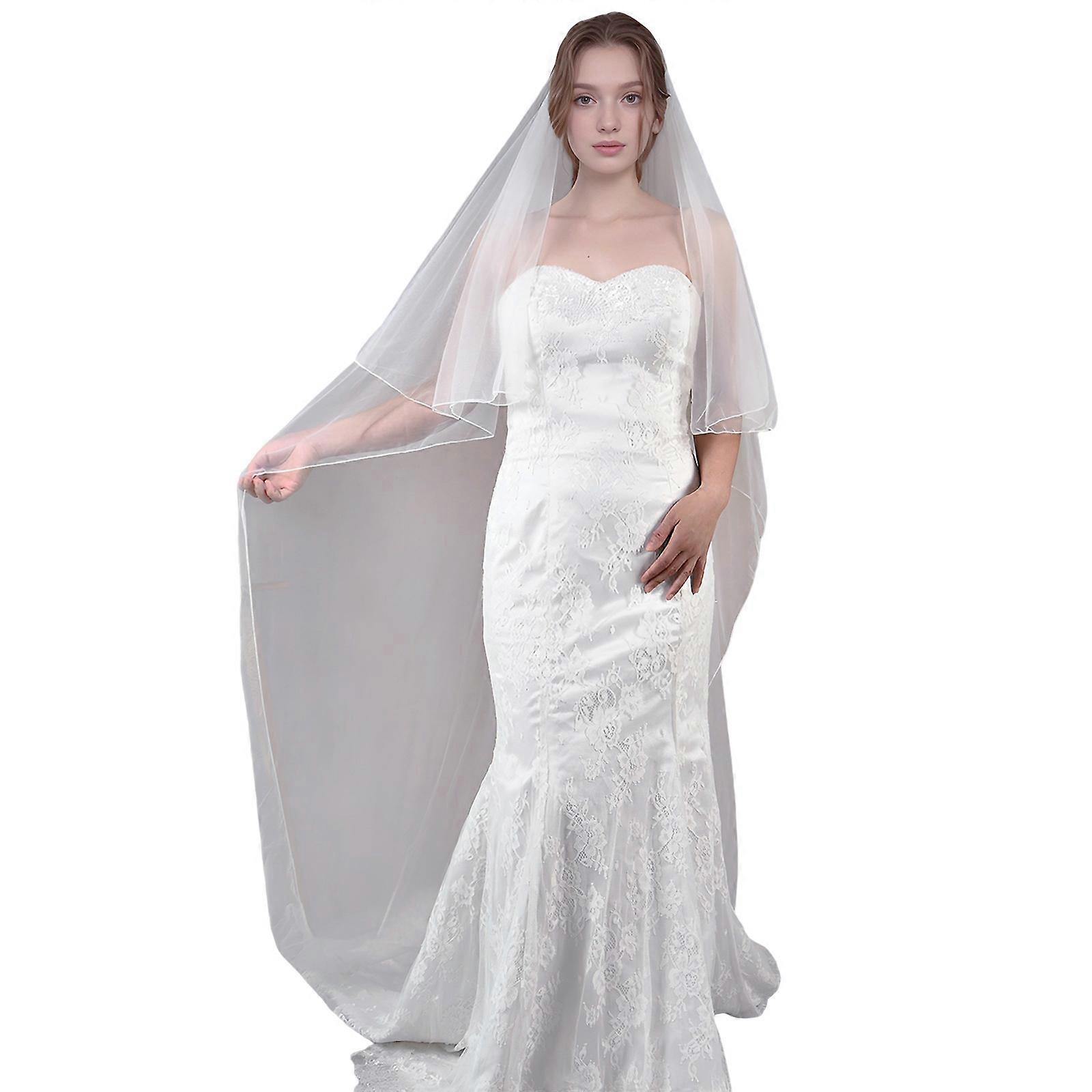 Formal Wedding Veils With Extended Train Classical White Color Light Sheer Fabric Elegant Loop Decoration  White