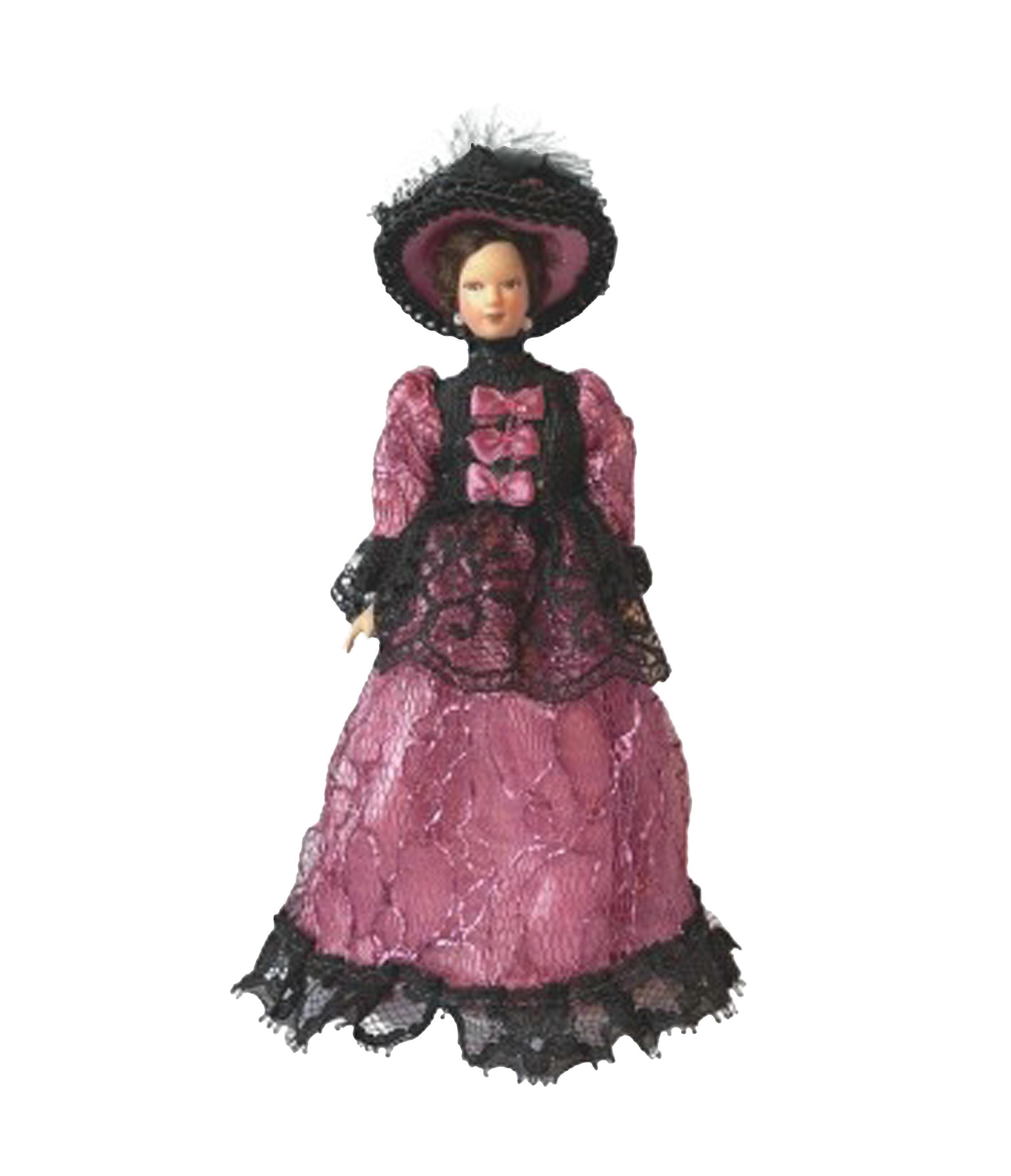 娃娃屋维多利亚时代的紫色礼服女士 &帽子瓷女人 1：12 人