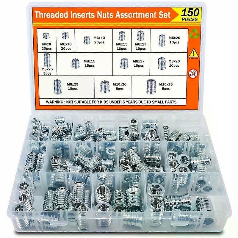 150PCS M6/M8/M10 Steel Threaded Inserts Nuts, Wood Inserts Assortment Kit, Threaded Inserts for Wood Furniture Screw, DIY & Furn