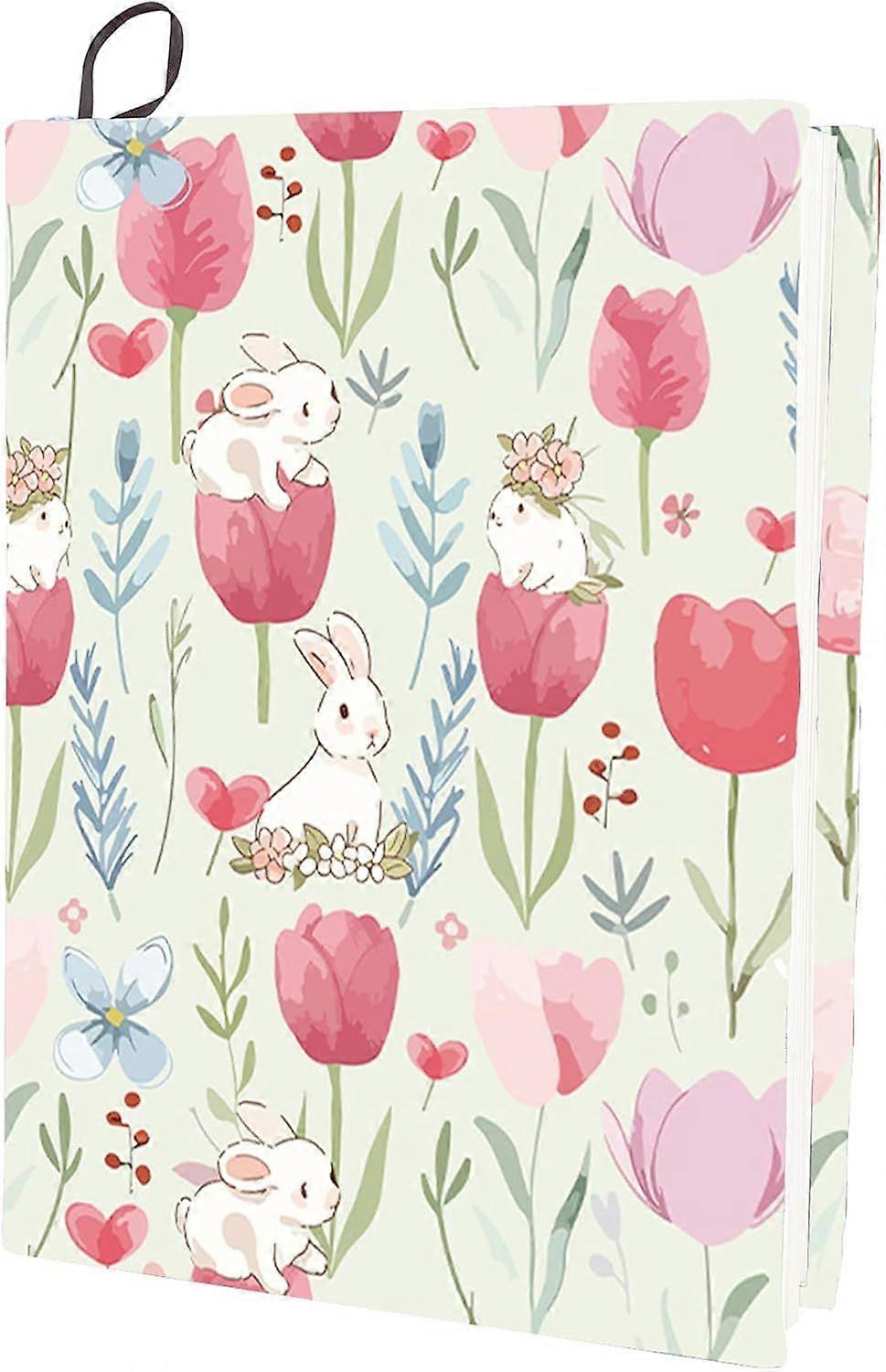 Flower Stretchable Book Cover Tulip Bunny Pink Washable Reusable Large Nylon Cloth Polyester Book Protector Elastic Notebook Wraps Suitable for Most H