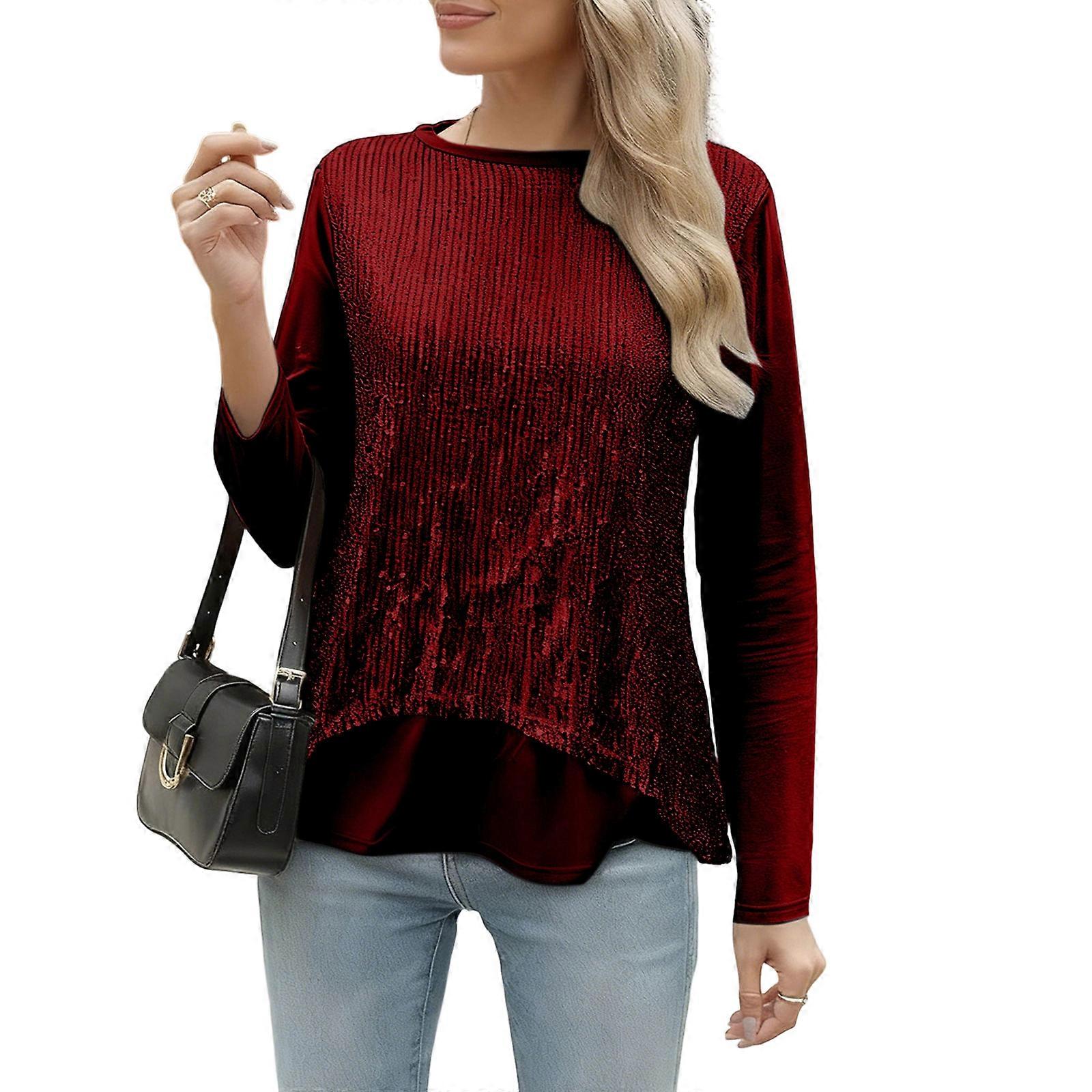 Women's sequined party long-sleeved top  Red XL