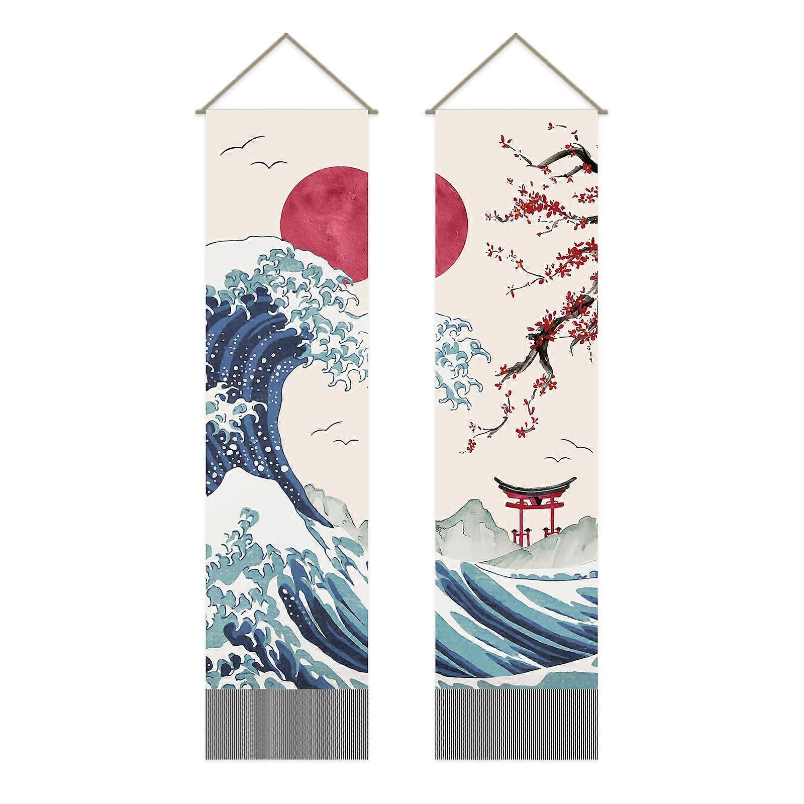 Pack of 2 Japanese Wave Tapestries Ocean Wave Wall Hanging with Red Sun, Large 13x51 Durable Fabric