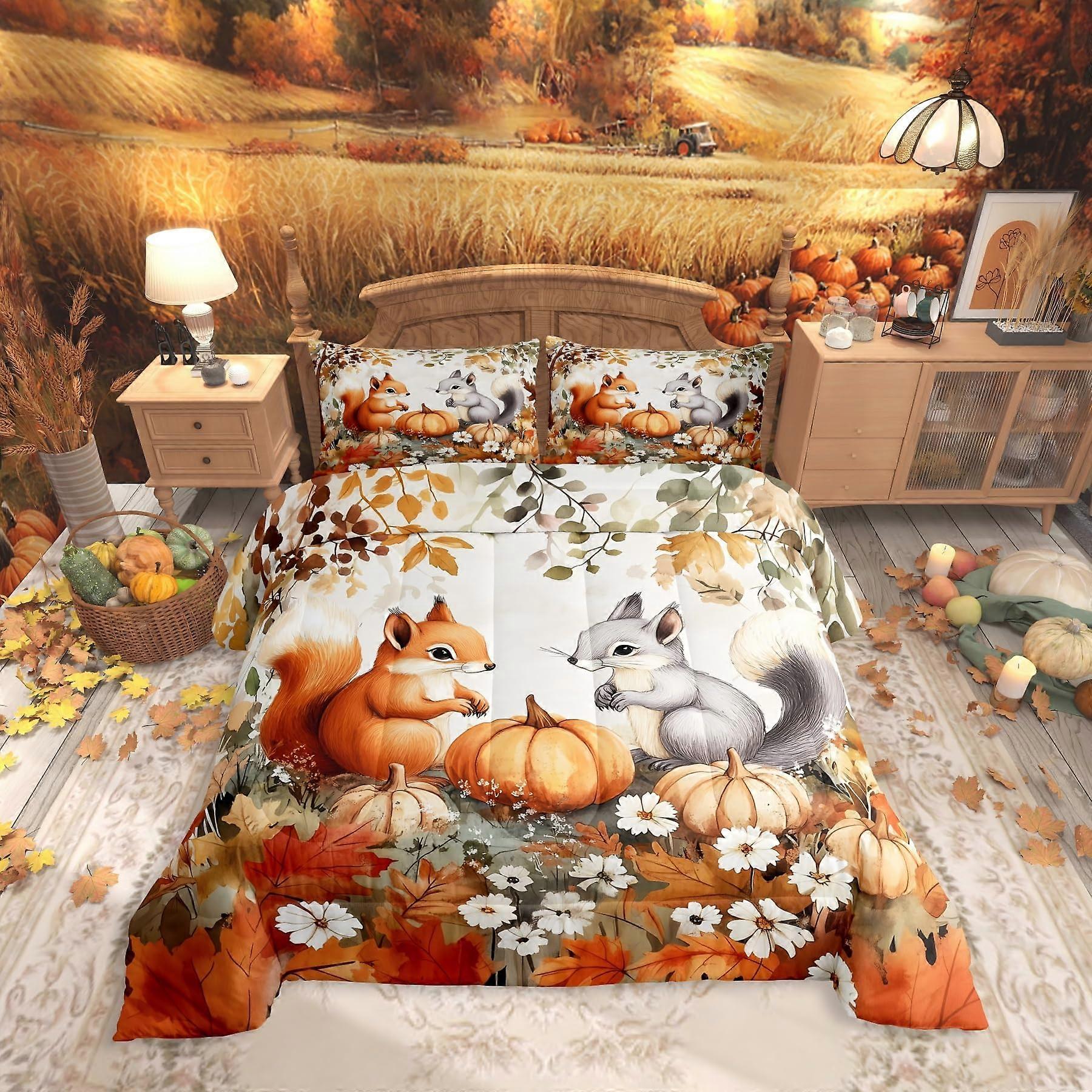 King Size Comforter Set 3D Printed Squirrel Autumn Bedding with Pillow Cases, 3 Piece Lightweight