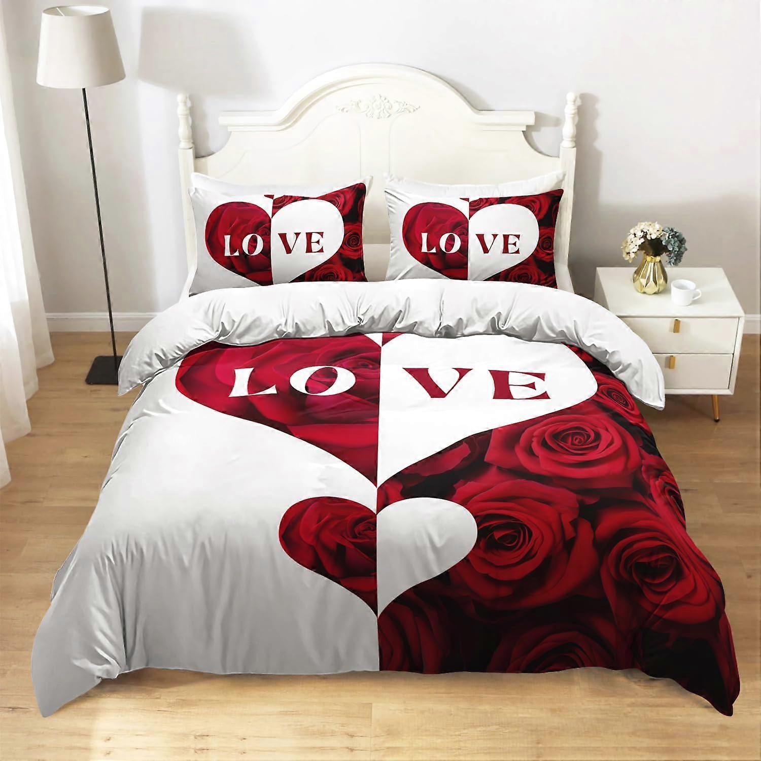 King Size Red Rose Duvet Cover Set with Pillowcases, Soft Microfiber Floral Bedding with Zipper Closure