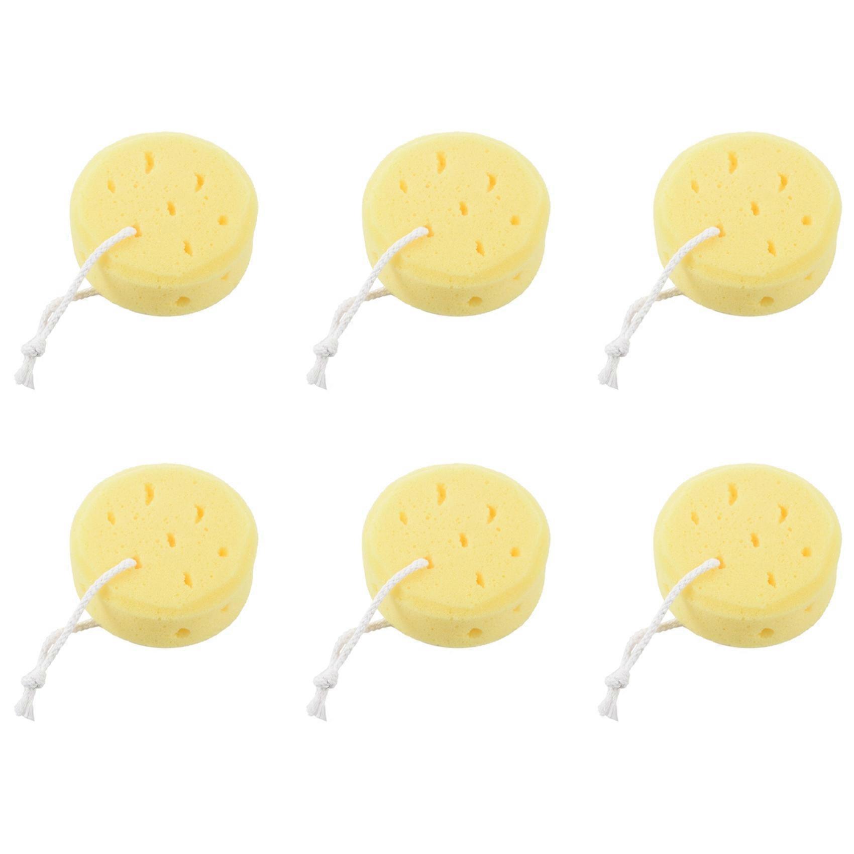 6X Yellow Round Bath Body Shower Soft Sponge with Hanging Loop