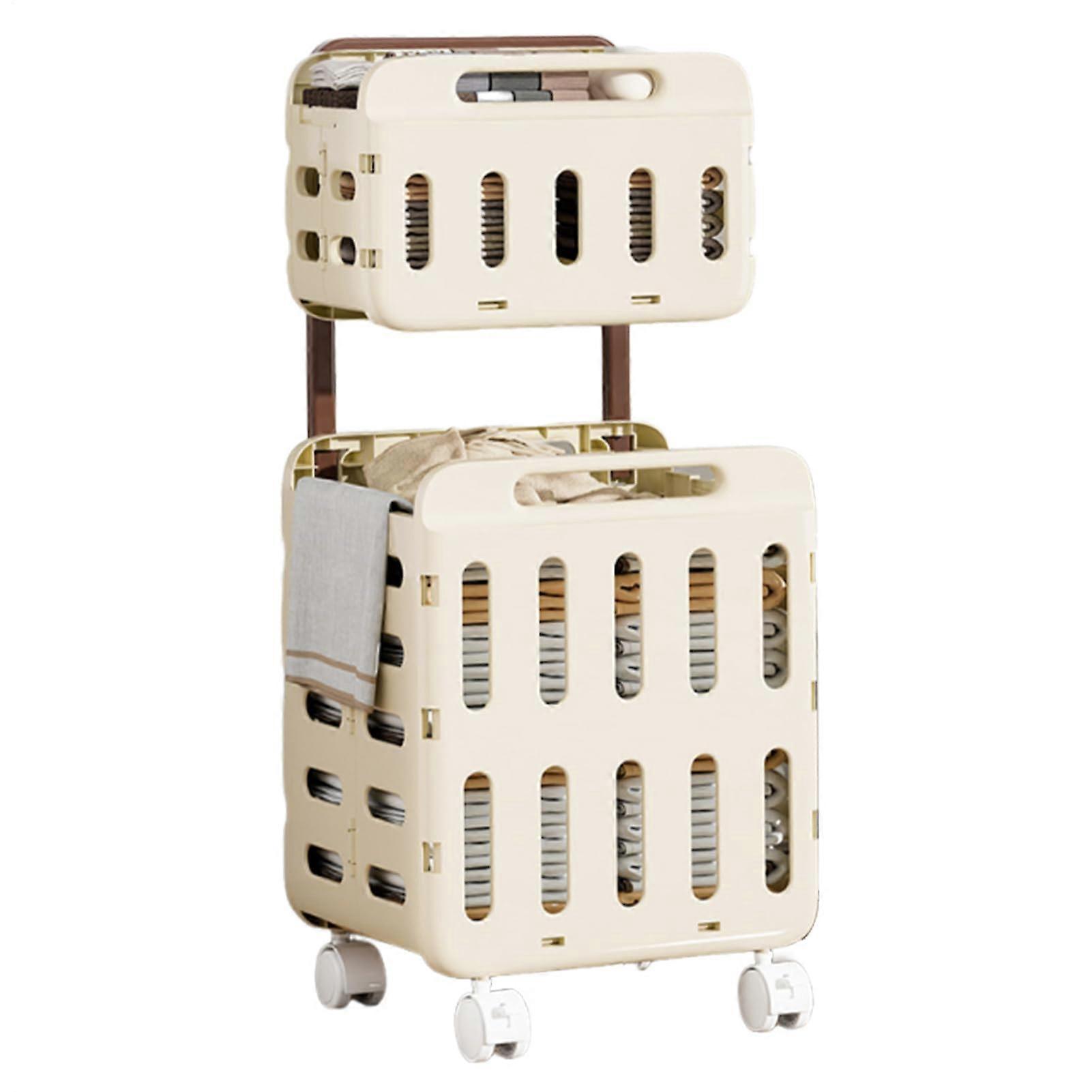 Foldable Double Compartment Laundry Basket with Wheels, Tall Rolling Clothes Bin for Bedroom Creamy