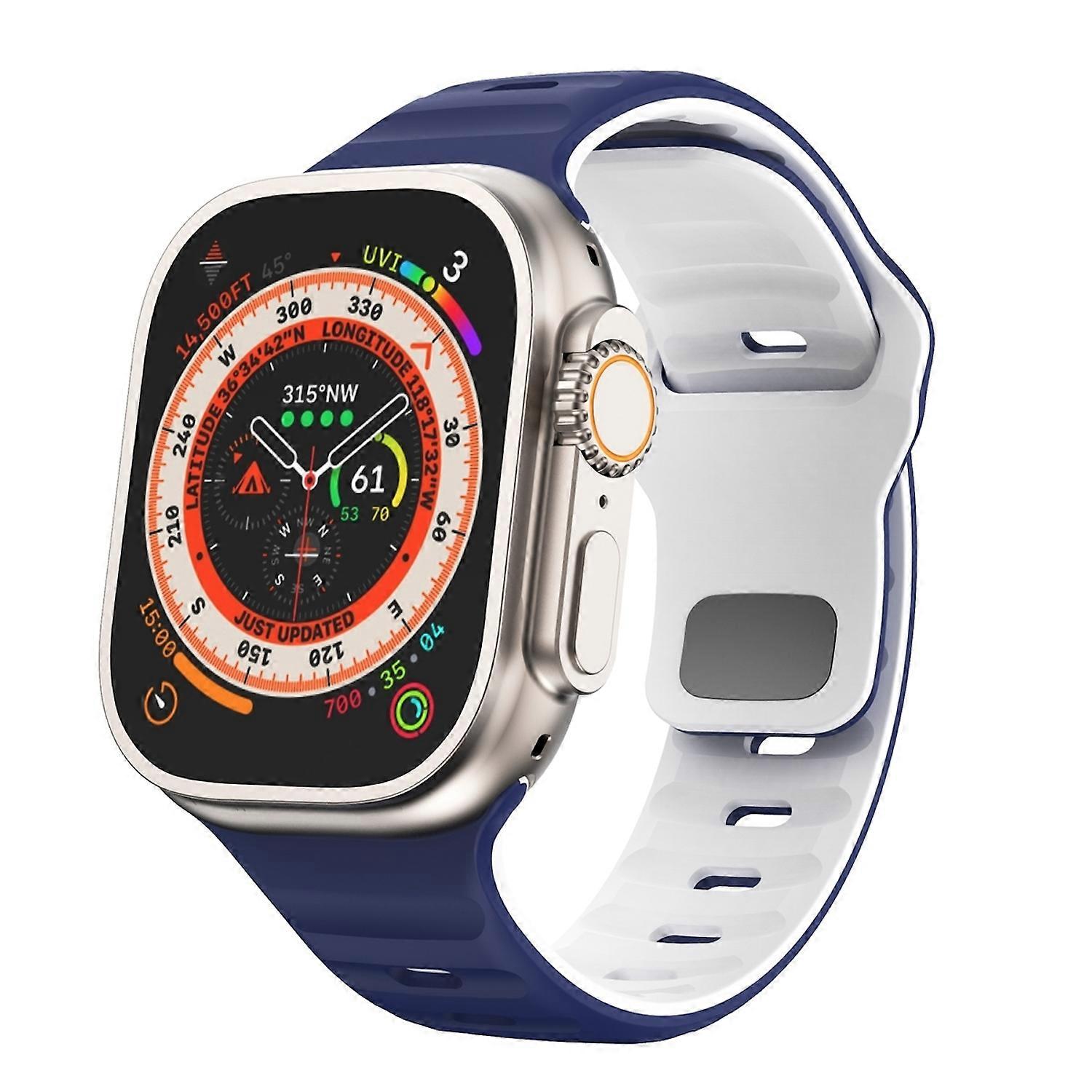 For Apple Watch Ultra 2 / 1 49mm Silicone Design Wave Structure Band Dark Blue / White