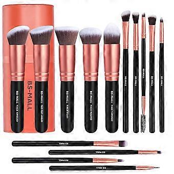 Premium Synthetic Fiber Foundation Brush, Powder Brush, Concealer Brush, and Eyeshadow Brush Set, 14 pieces, Rose Gold, with storage box.