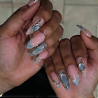 Water Drop Irregular Shape Blue Cats Eye Fake Nail With 3D Gold Foil And Glitters Detail 24PCS Set Multicolor