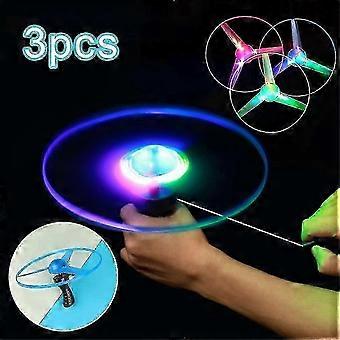 3pcs levou a luz até o disco voador do brinquedo do helicóptero, 3 lançadores de cordas e 3 discos voadores, puxar discos de corda Ufo brinquedos voadores para crianças