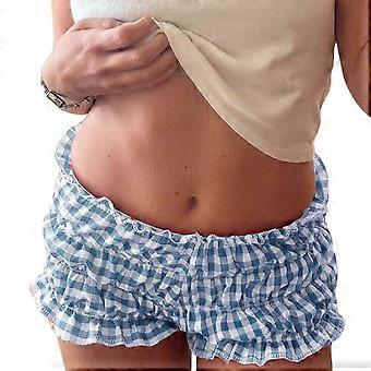 Women Ruffle Edge Checekred Bloomers Shorts Low Rise Frilly Pajama Bottoms Homewear Loungewear Sleepwear Pettipants Blue L