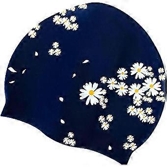 Frauen Mädchen Silikon Badekappe, Wasserdichte Blumen gedruckt Langhaar Badekappe (Marineblau)