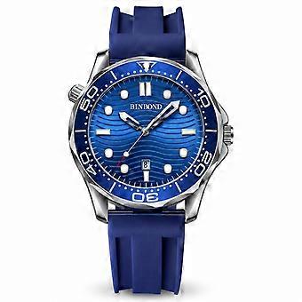 Men's Sports Watch BINBOND Seahorse Series Luminous Waterproof Blue Silicone Strap Silver Steel Case Blue Dial JY