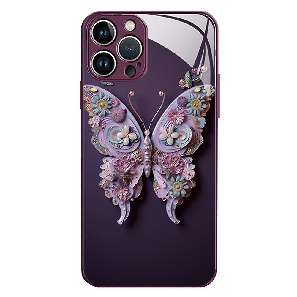 For iPhone 14 Pro Tempered Glass+TPU Anti-fall Cover Butterfly Pattern Cell Phone Case-Dark Purple