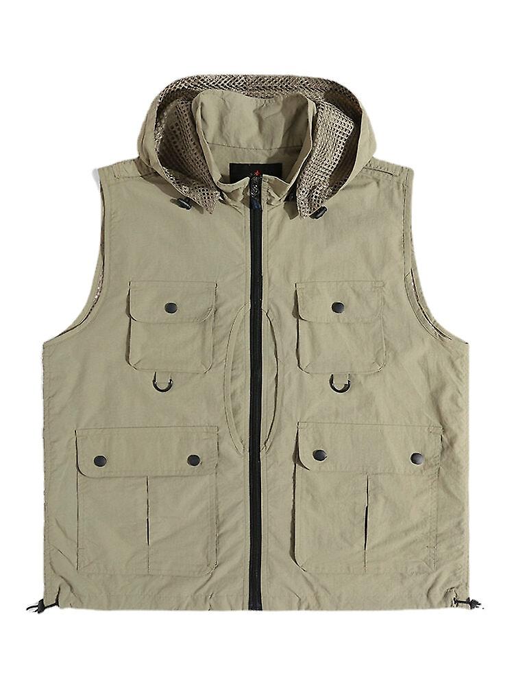 Men's Solid Adjustable String Front Zipper Mesh Lined Multi-pocket Cool Waistcoat