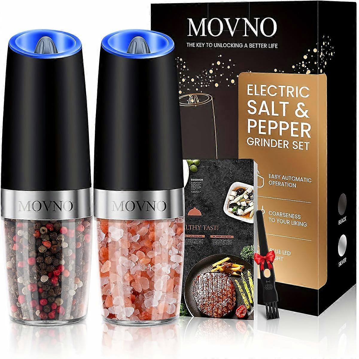 Gravity Electric Salt and Pepper Grinder Set, Battery Powered LED Light One Hand Automatic Operation, Adjustable Coarseness Mill Grinders Shakers Blac