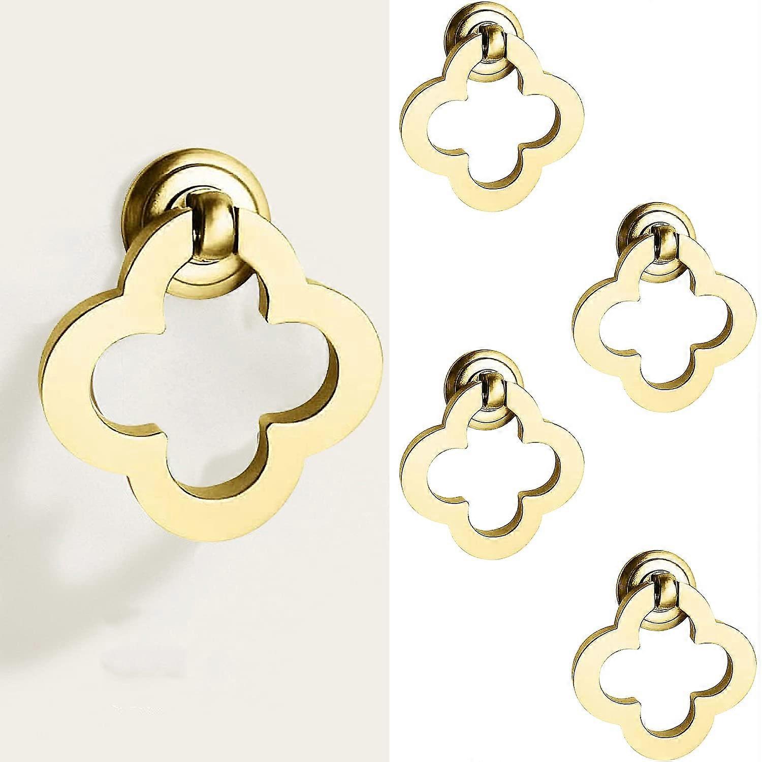 4 Pcs Flower Drop Ring Drawer Cupboard Knobs, Solid Brass Alloy Gold Wardrobe Handles Kitchen Cabinet Handles